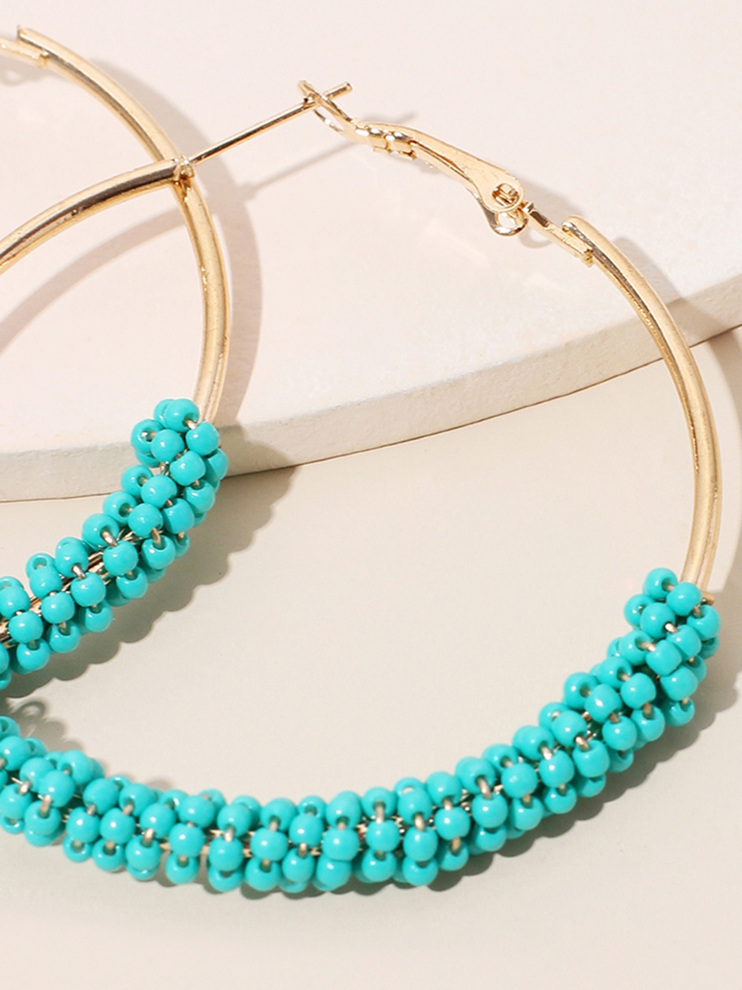 

URBANIC Sea Green & Gold-Toned Beaded Circular Hoop Earrings