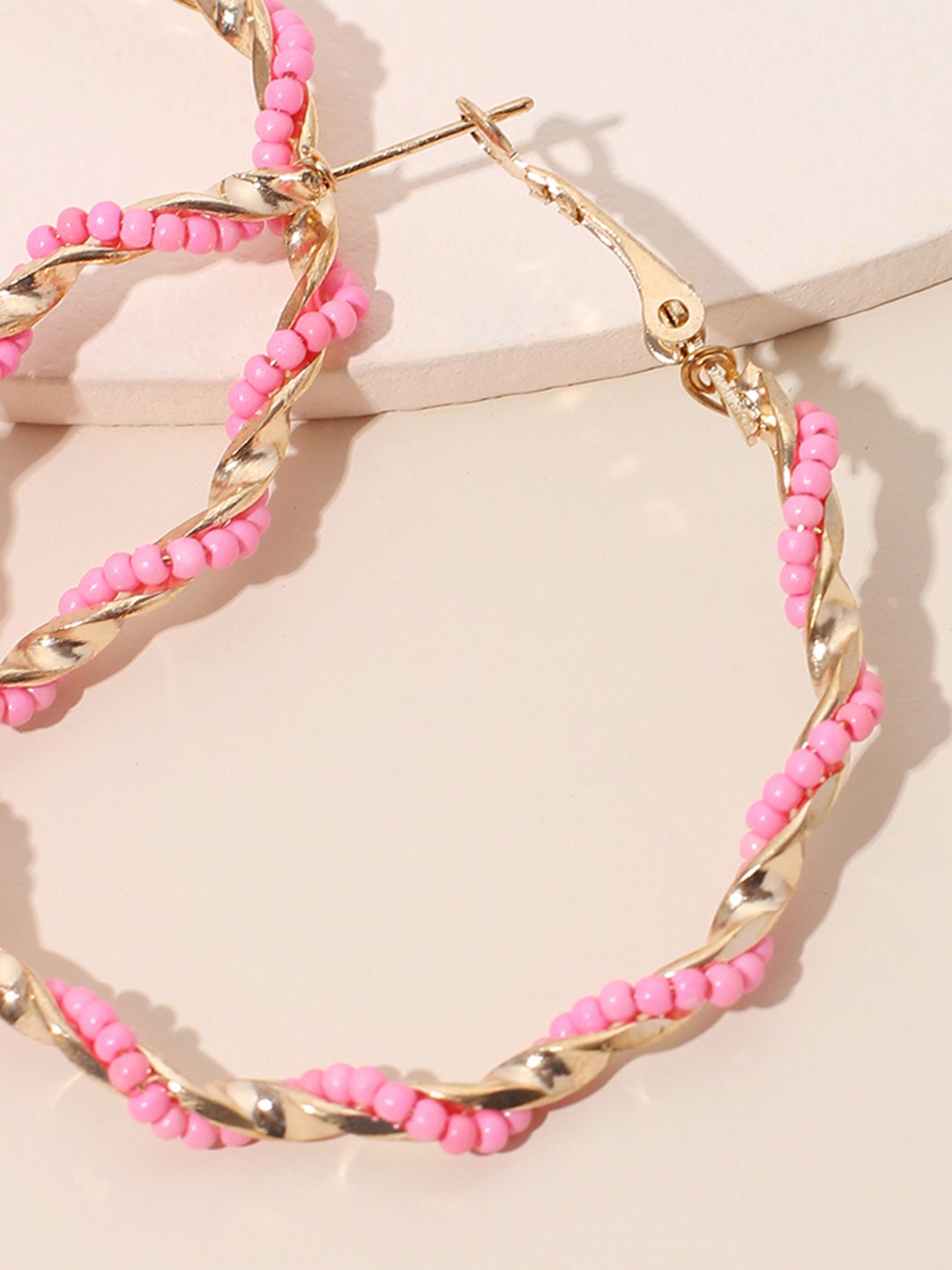 

URBANIC Pink & Gold-Toned Beaded Circular Hoop Earrings