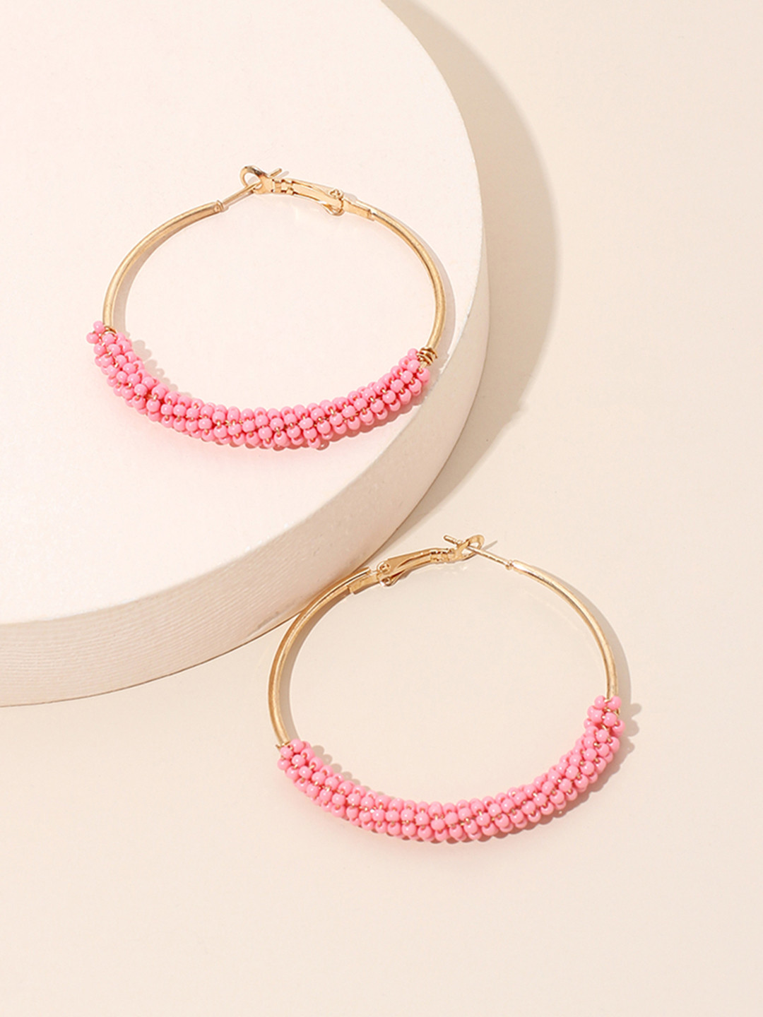 

URBANIC Pink & Gold-Toned Beaded Circular Hoop Earrings