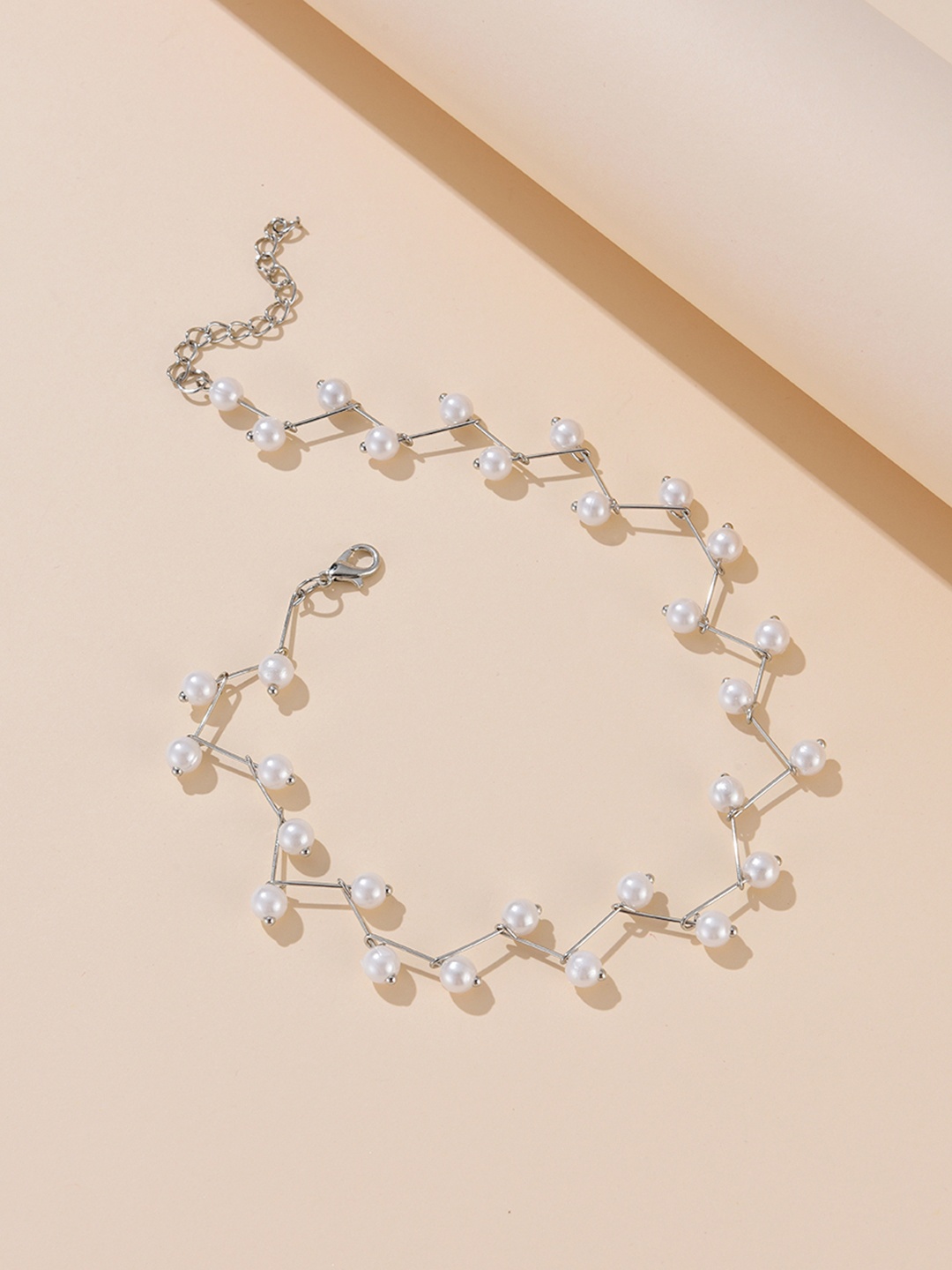 

URBANIC Silver-Toned & Off White Beaded Choker Necklace