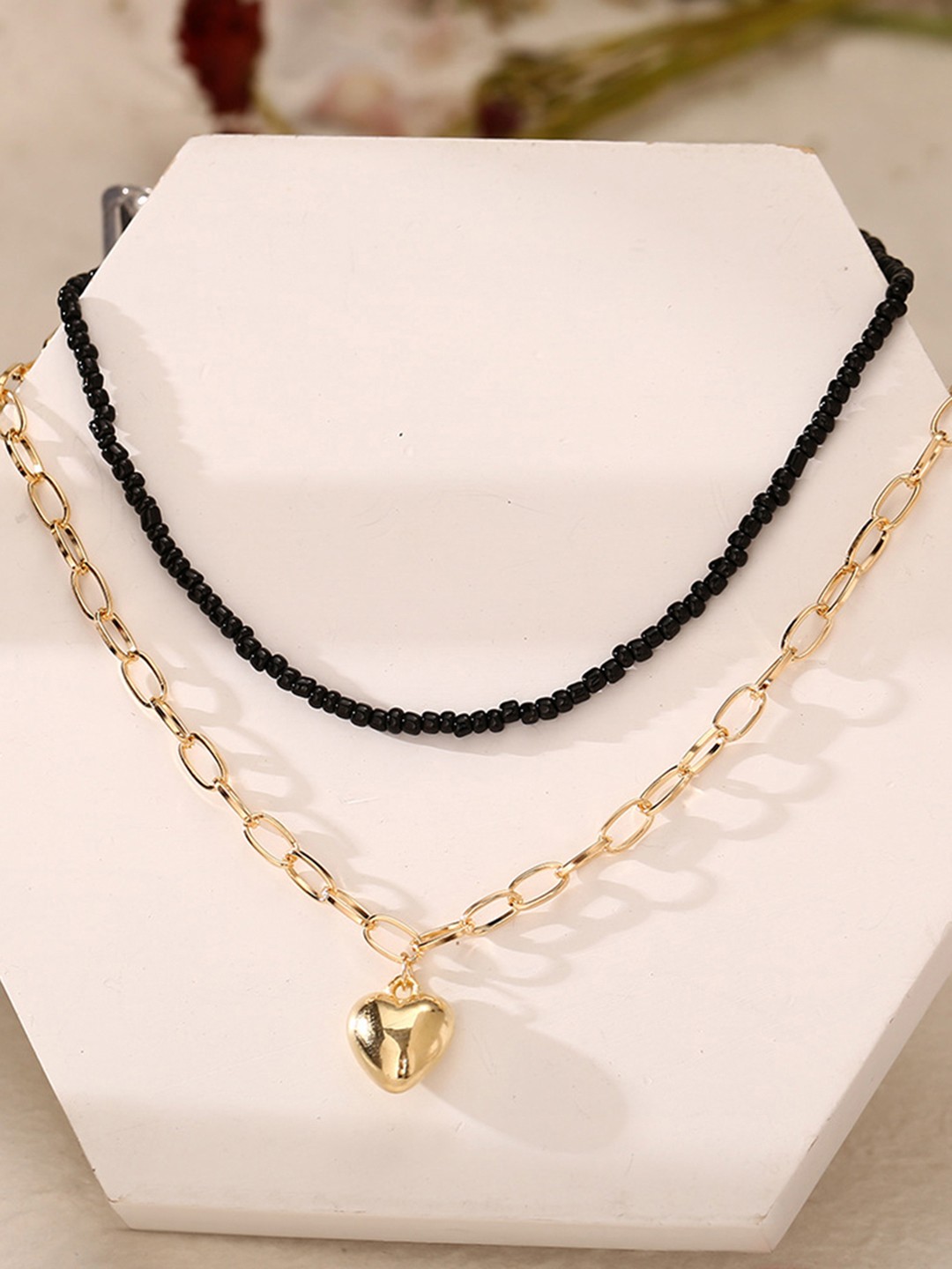 

URBANIC Gold-Toned & Black Beaded & Layered Link Necklace with Heart Textured Detail