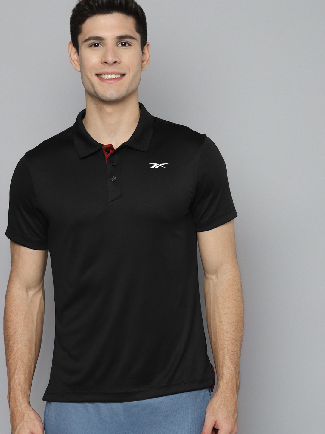 

Reebok Men Black FND Vector Polo Collar Slim Fit Training T-shirt