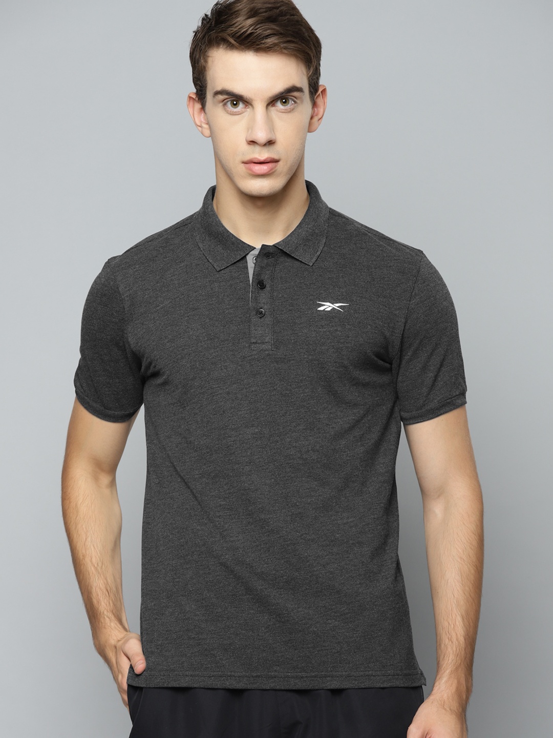 

Reebok Men Charcoal Grey Foundation Cotton Polo Collar Training T-shirt