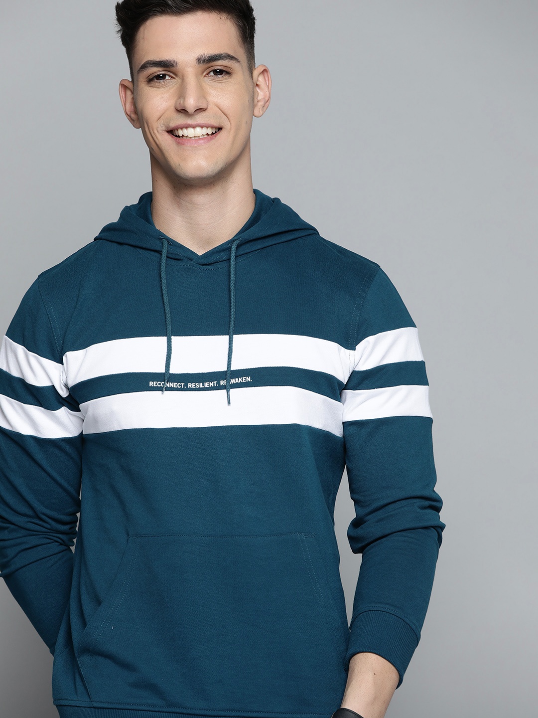 

Mast & Harbour Men Teal Blue & White Pure Cotton Striped Hooded Sweatshirt