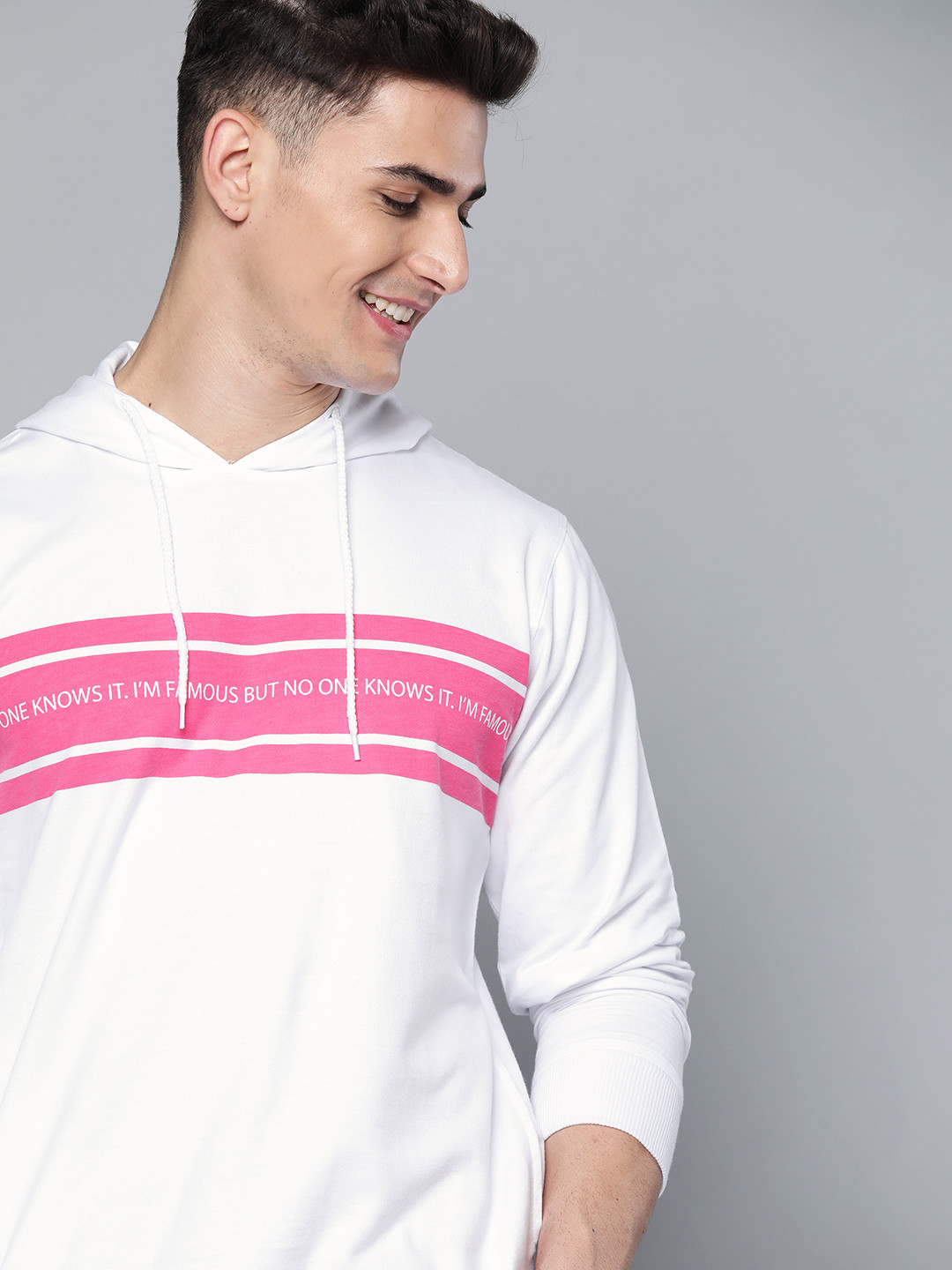 

Mast & Harbour Men White & Pink Typography Print Pure Cotton Hooded Sweatshirt
