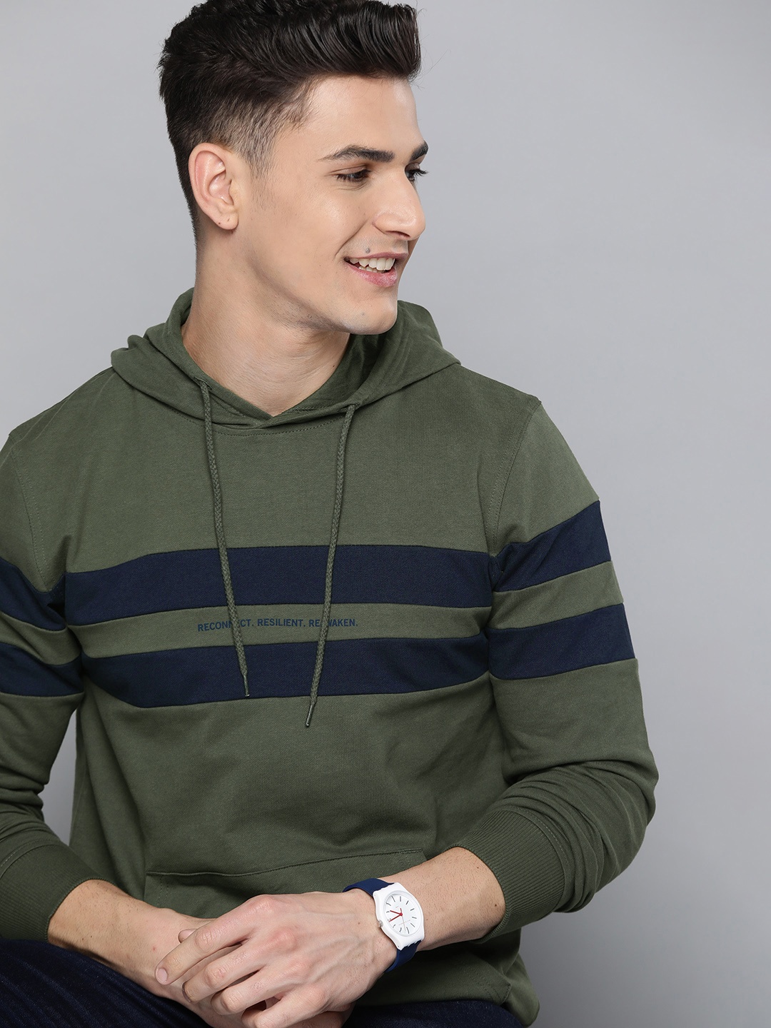 

Mast & Harbour Men Green & Navy Blue Striped Hooded Cotton Sweatshirt