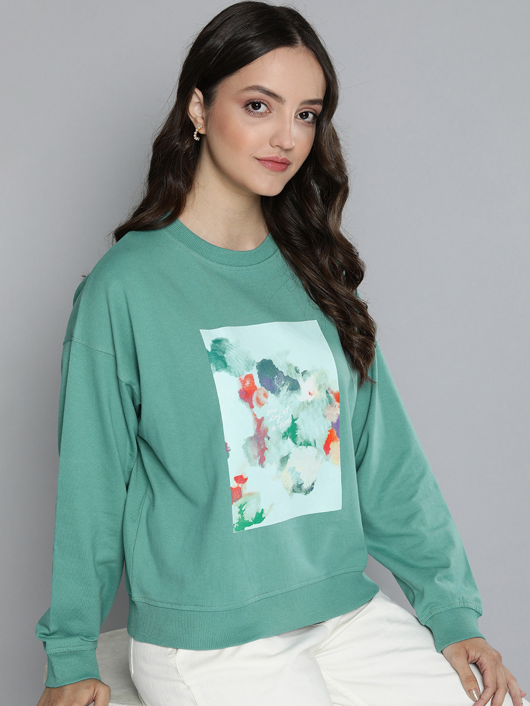 

Mast & Harbour Women Printed Pure Cotton Sweatshirt, Blue