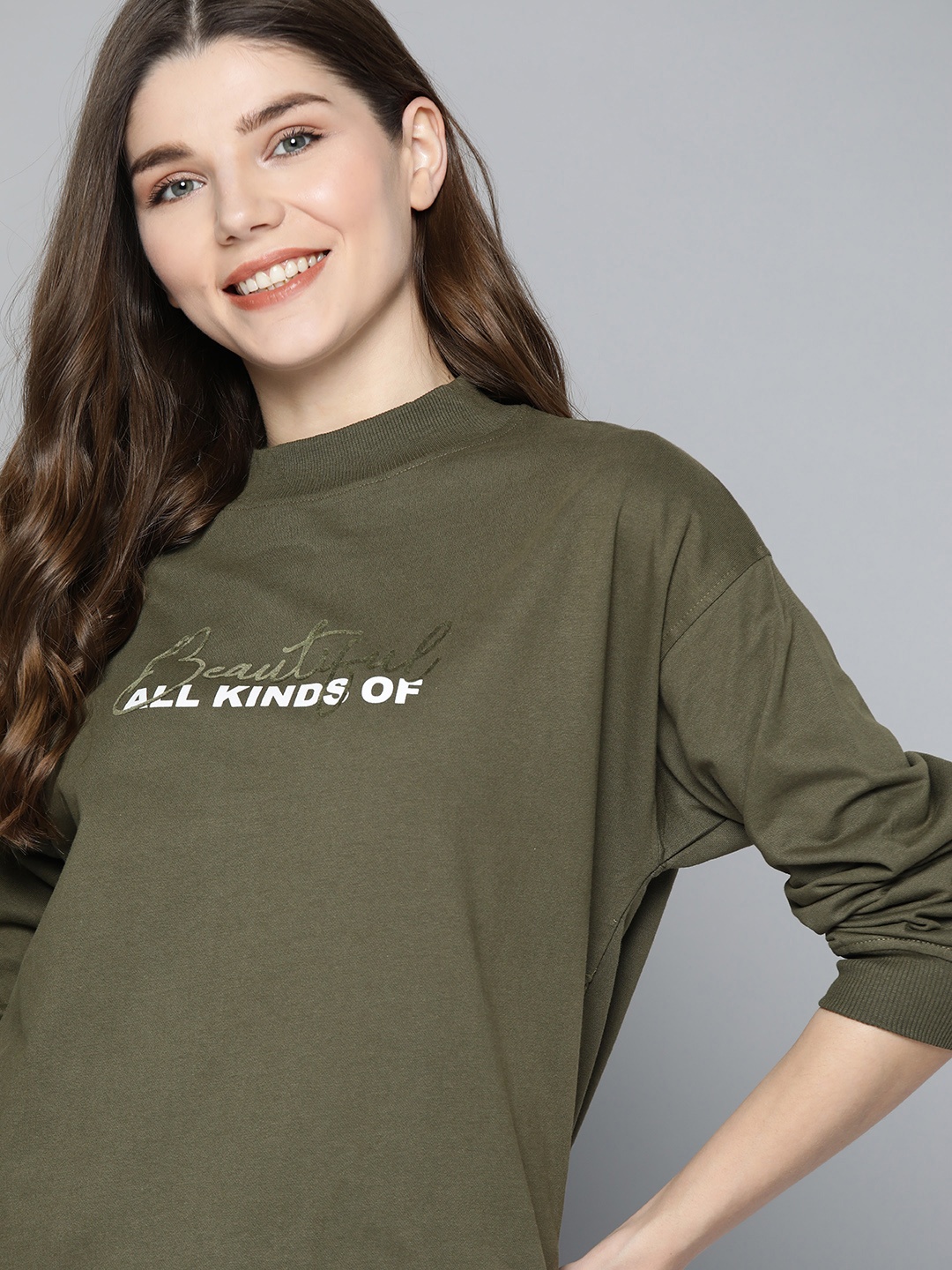 

Mast & Harbour Women Olive Green Printed Sweatshirt