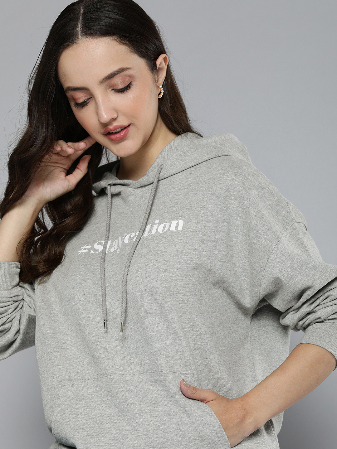 

Mast & Harbour Women Typography Pure Cotton Hooded Sweatshirt, Grey