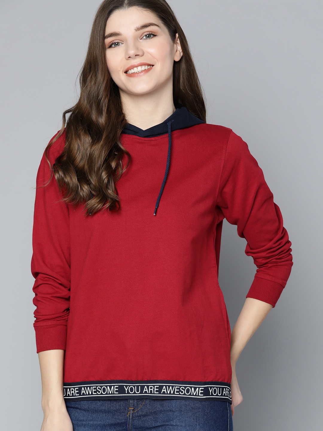 

Mast & Harbour Women Maroon Solid Hooded Sweatshirt