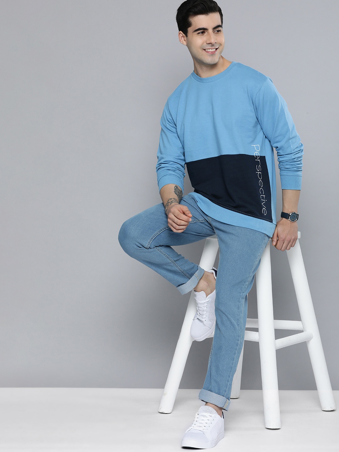 

Mast & Harbour Men Colourblocked Pure Cotton Pullover Sweatshirt, Blue
