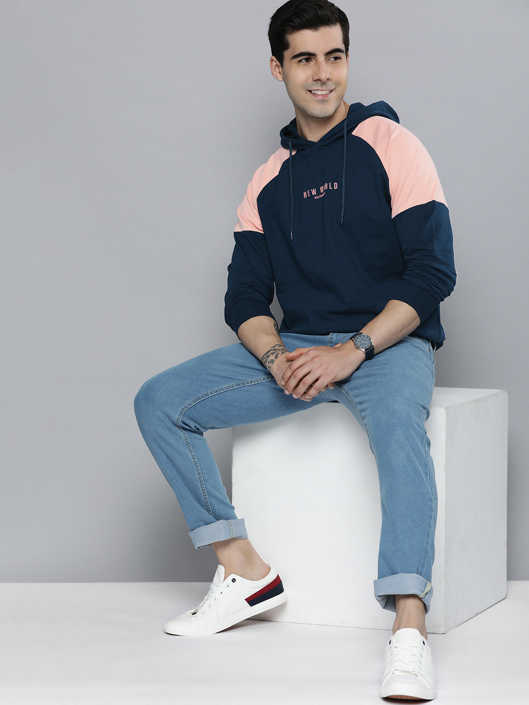 

Mast & Harbour Men Colourblocked Hooded Pure Cotton Sweatshirt, Navy blue
