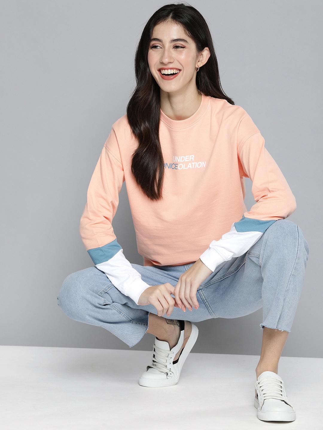

Mast & Harbour Women Printed Pure Cotton Sweatshirt, Peach