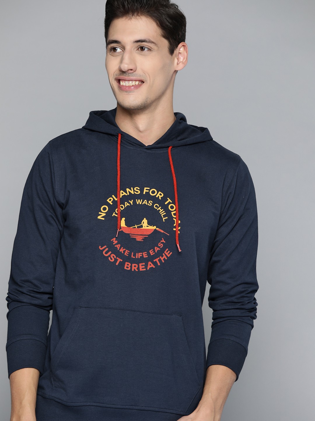 

Mast & Harbour Men Navy Blue Pure Cotton Printed Hooded Sweatshirt