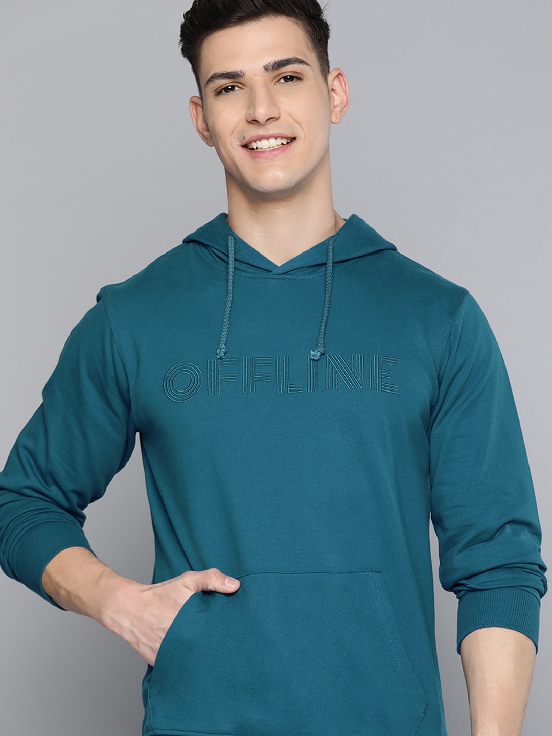 

Mast & Harbour Men Teal Blue Pure Cotton Embroidered Hooded Sweatshirt