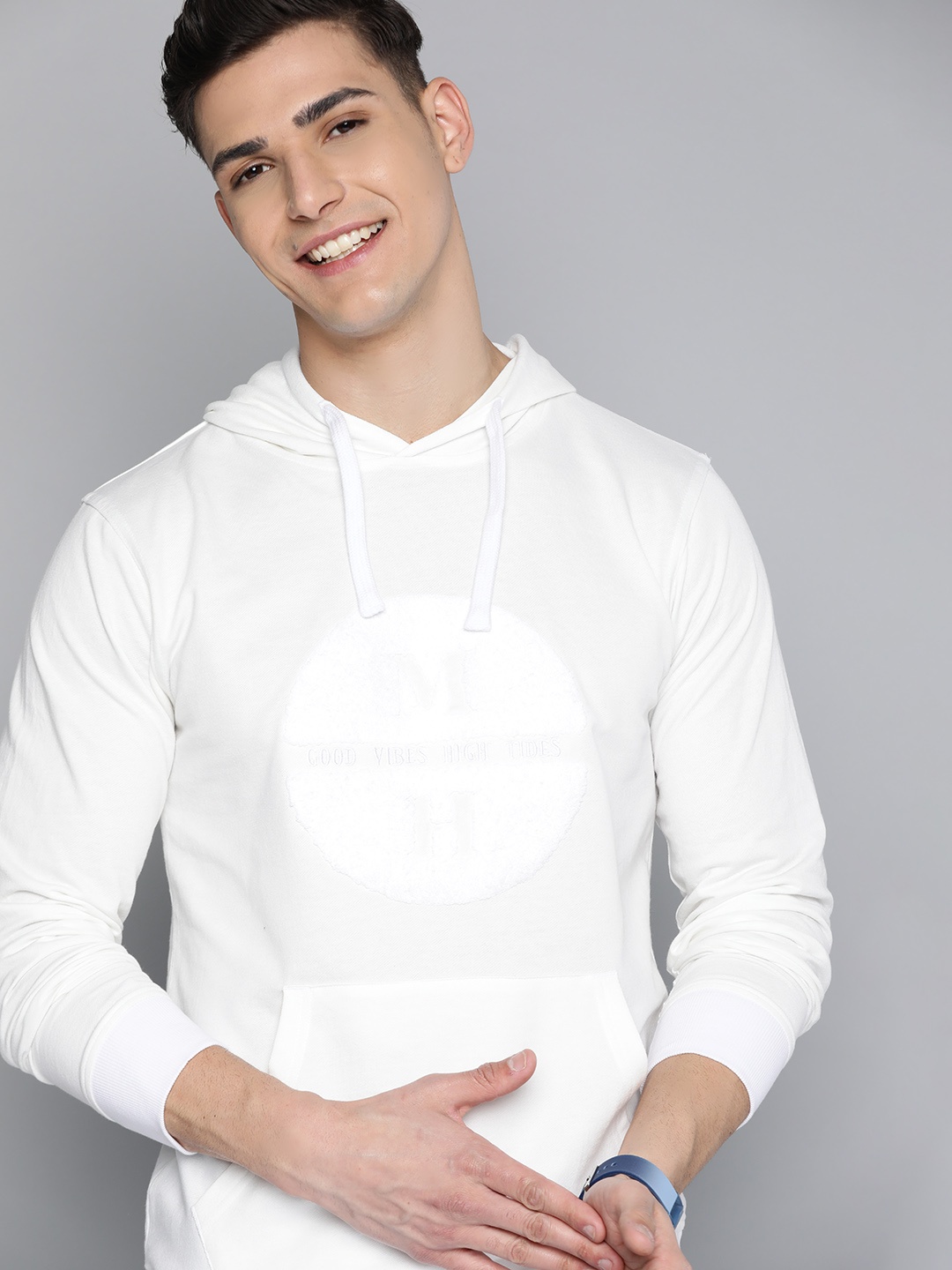 

Mast & Harbour Men White Pure Cotton Embroidered Hooded Sweatshirt