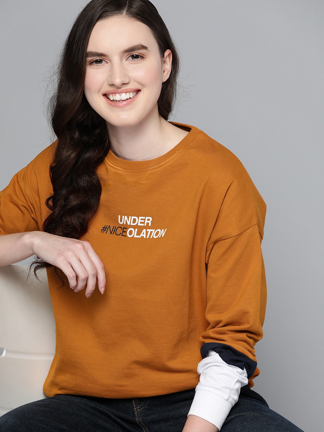 

Mast & Harbour Women Mustard Brown & White Printed Pure Cotton Sweatshirt