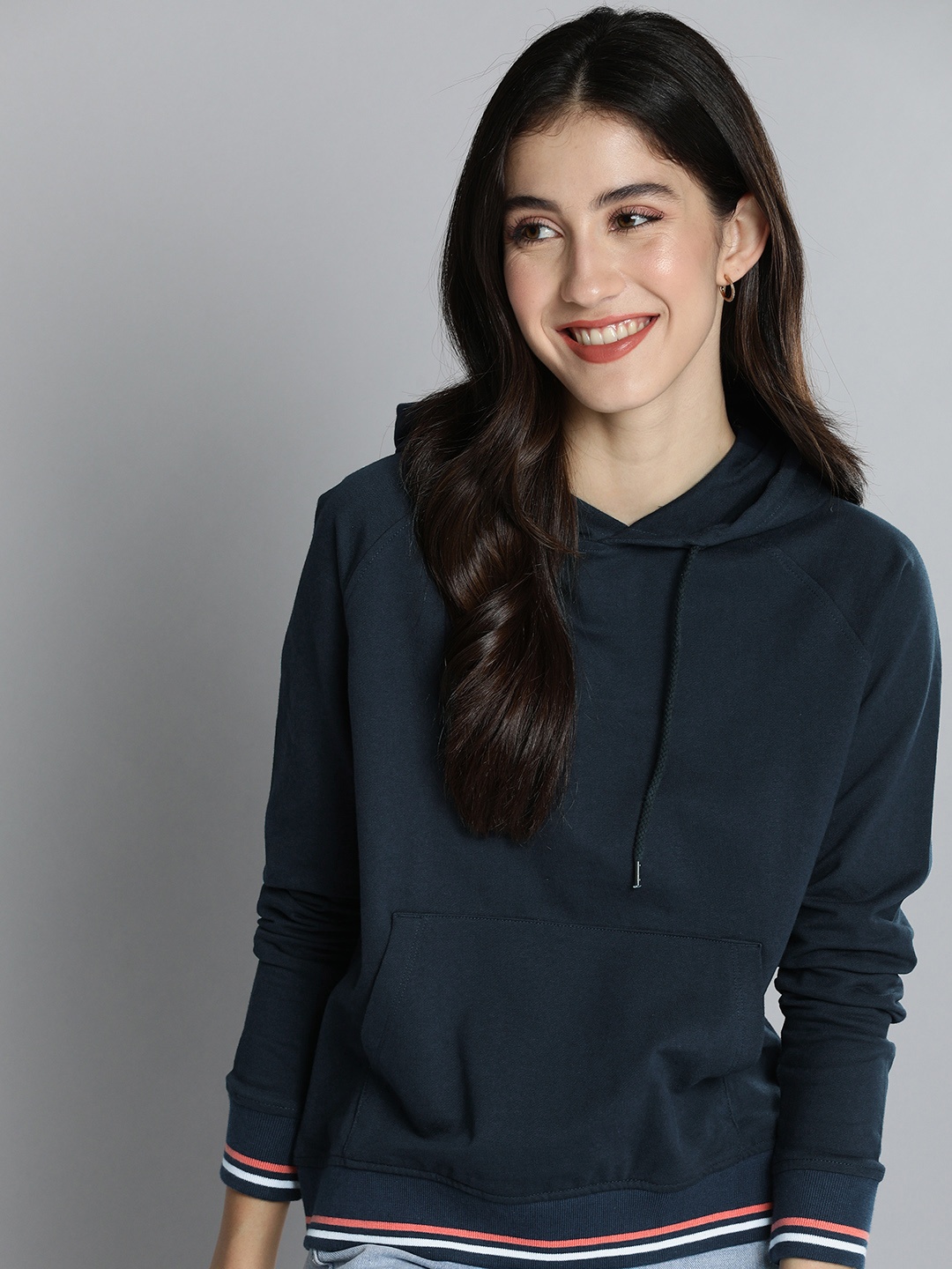 

Mast & Harbour Women Solid Hooded Sweatshirt, Navy blue