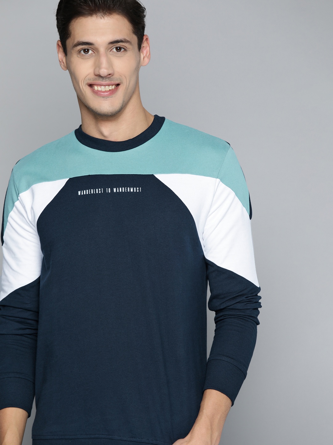 

Mast & Harbour Men Navy Blue Pure Cotton Colourblocked Sweatshirt