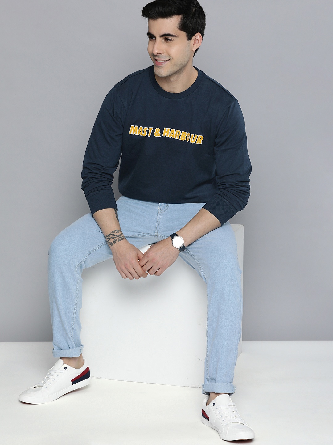 

Mast & Harbour Men Pure Cotton Sweatshirt, Navy blue