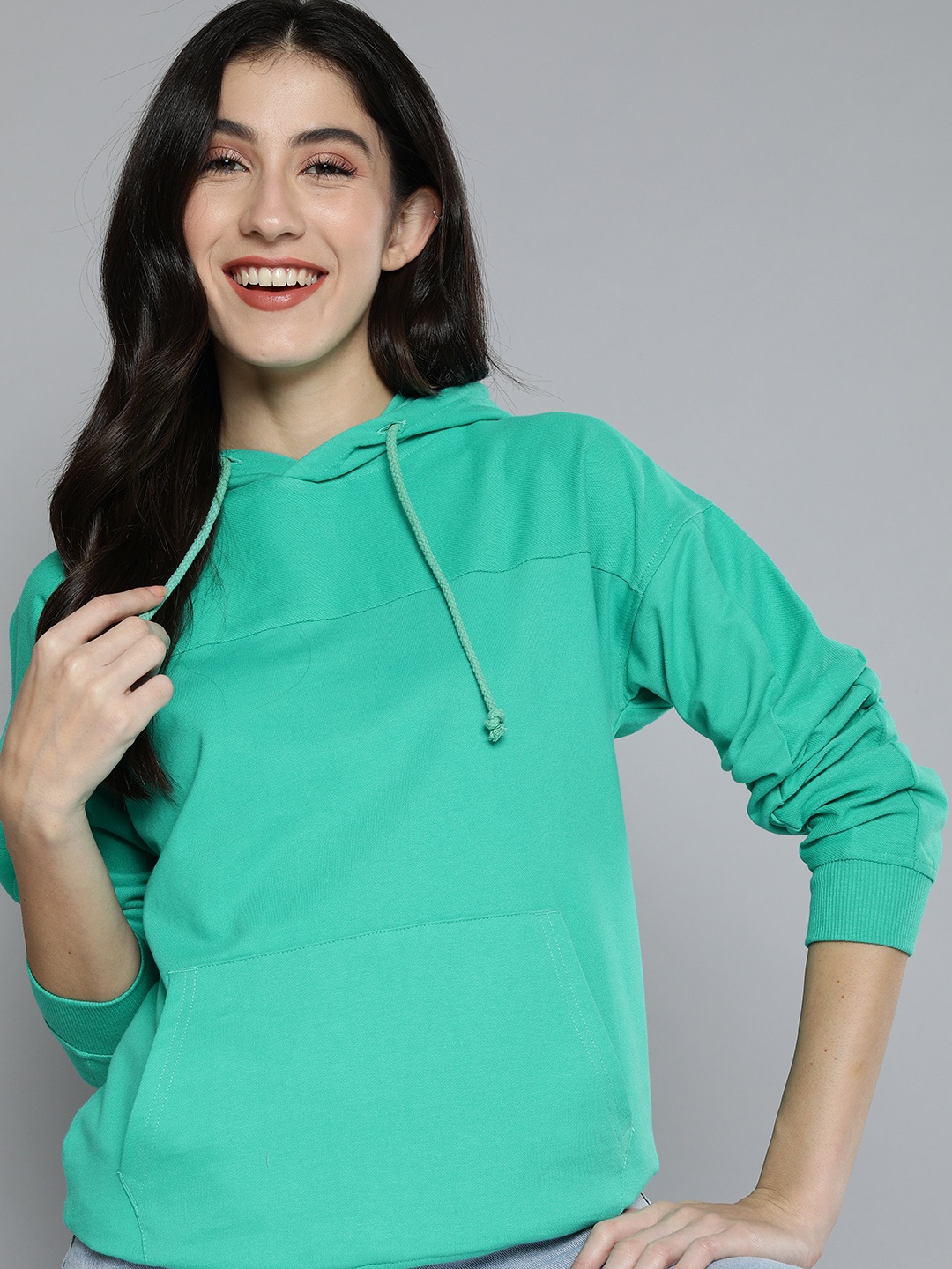 

Mast & Harbour Women Solid Pure Cotton Hooded Sweatshirt, Green