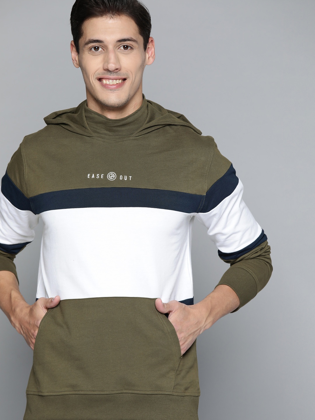 

Mast & Harbour Men Olive Green & White Pure Cotton Colourblocked Hooded Sweatshirt