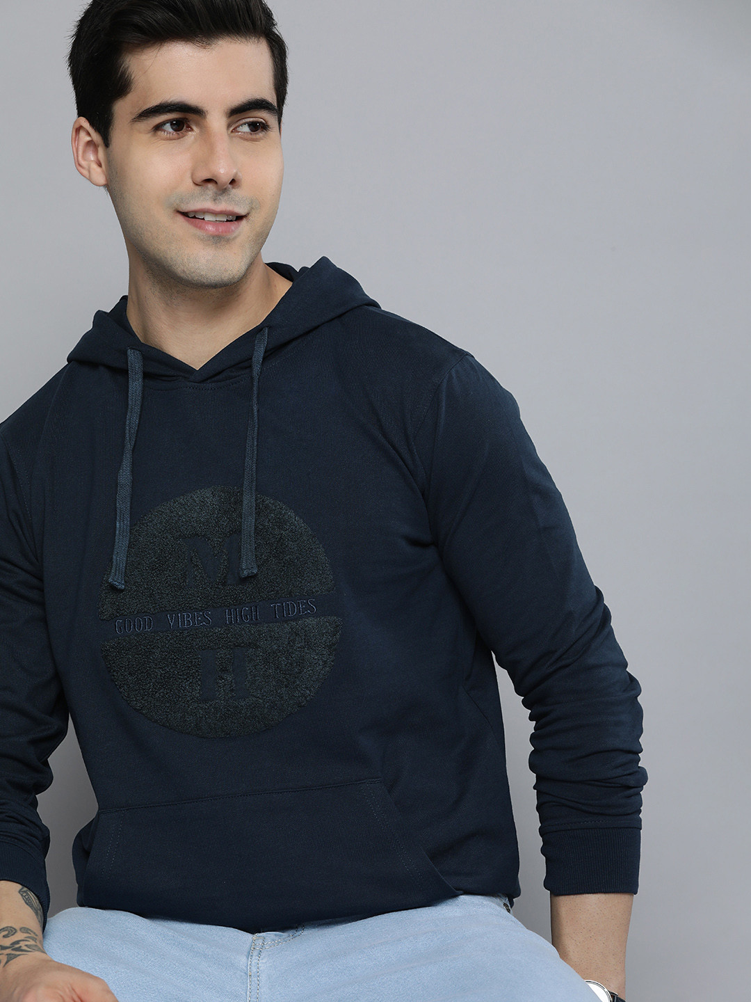 

Mast & Harbour Men Pure Cotton Hooded Sweatshirt, Navy blue