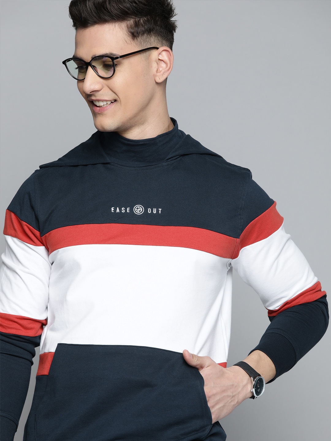 

Mast & Harbour Men Navy Blue Pure Cotton Colourblocked Hooded Sweatshirt