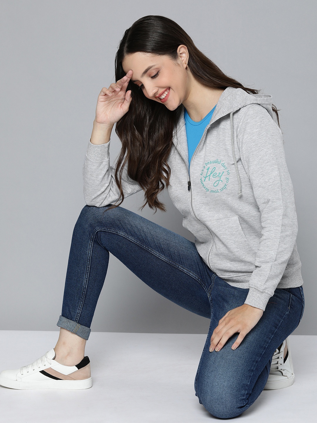 

Mast & Harbour Women Applique Hooded Front-Open Sweatshirt, Grey melange