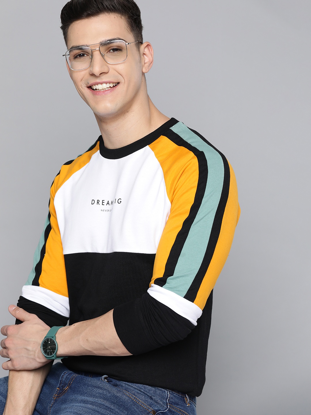 

Mast & Harbour Men White & Black Colourblocked Cotton Sweatshirt