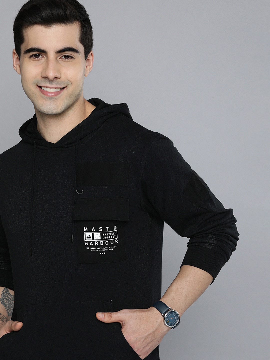 

Mast & Harbour Men Brand Logo Printed Pure Cotton Hooded Sweatshirt, Black