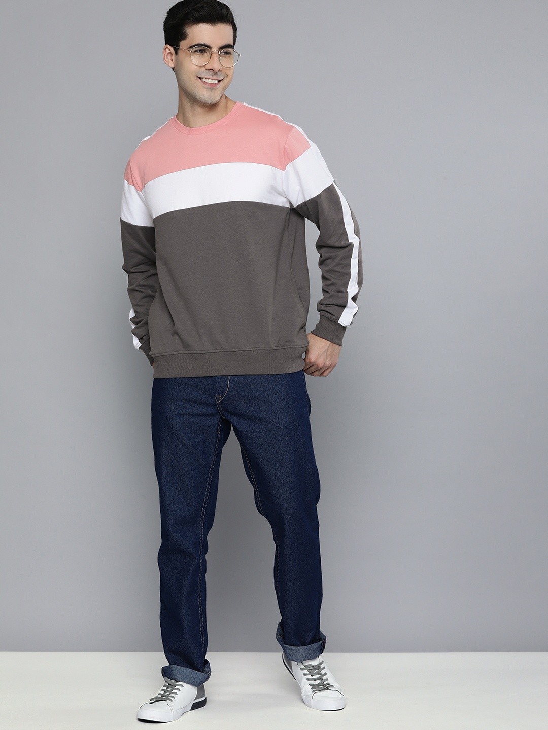 

Mast & Harbour Men Colourblocked Pure Cotton Pullover Sweatshirt, Peach