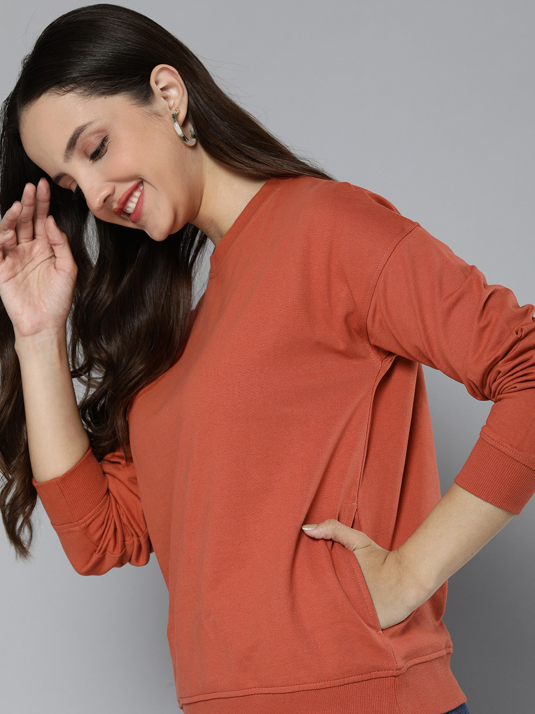 

Mast & Harbour Women Solid Round-Neck Pure Cotton Pullover Sweatshirt, Rust