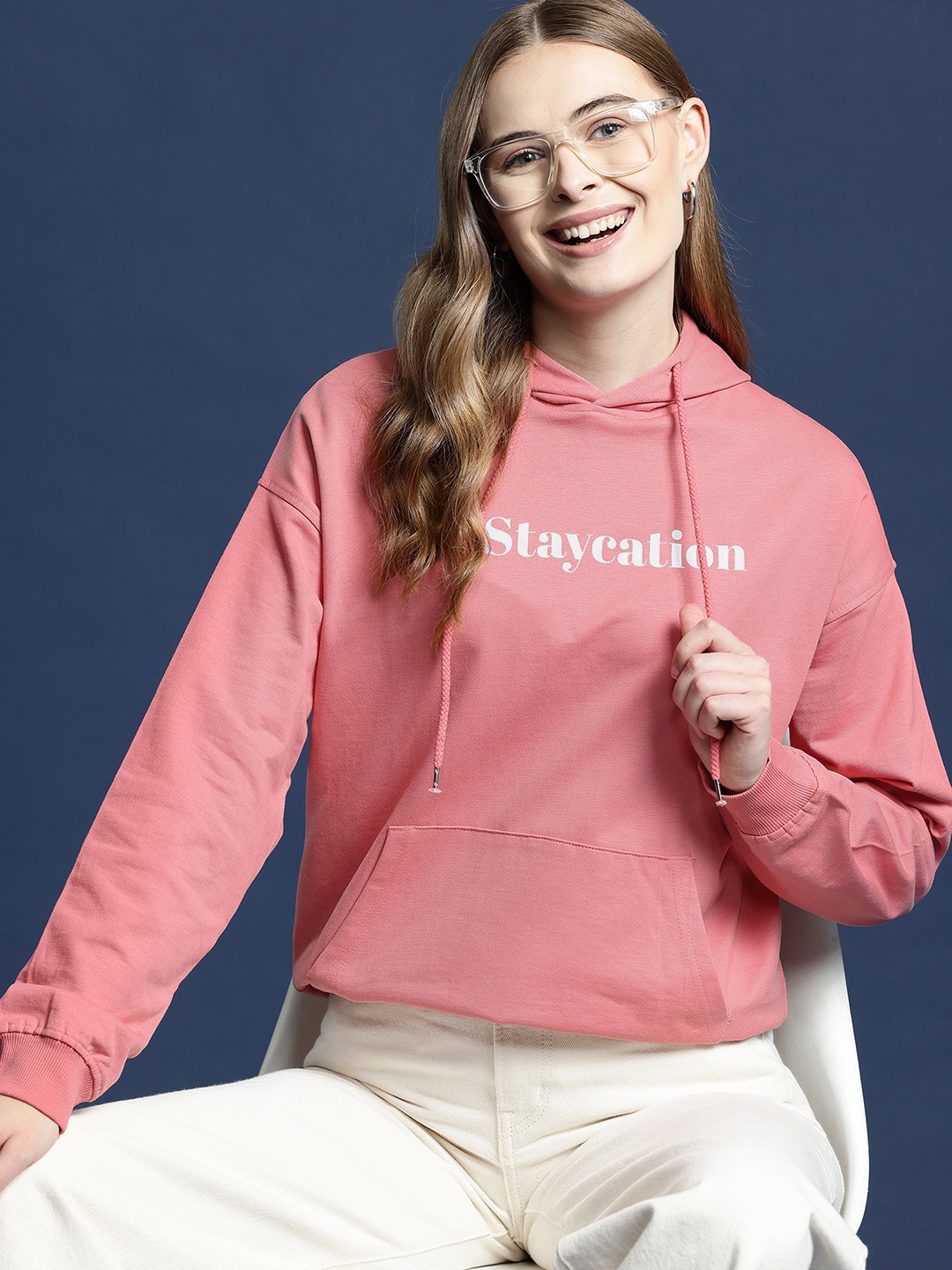 

Mast & Harbour Women Printed Pure Cotton Hooded Sweatshirt, Pink