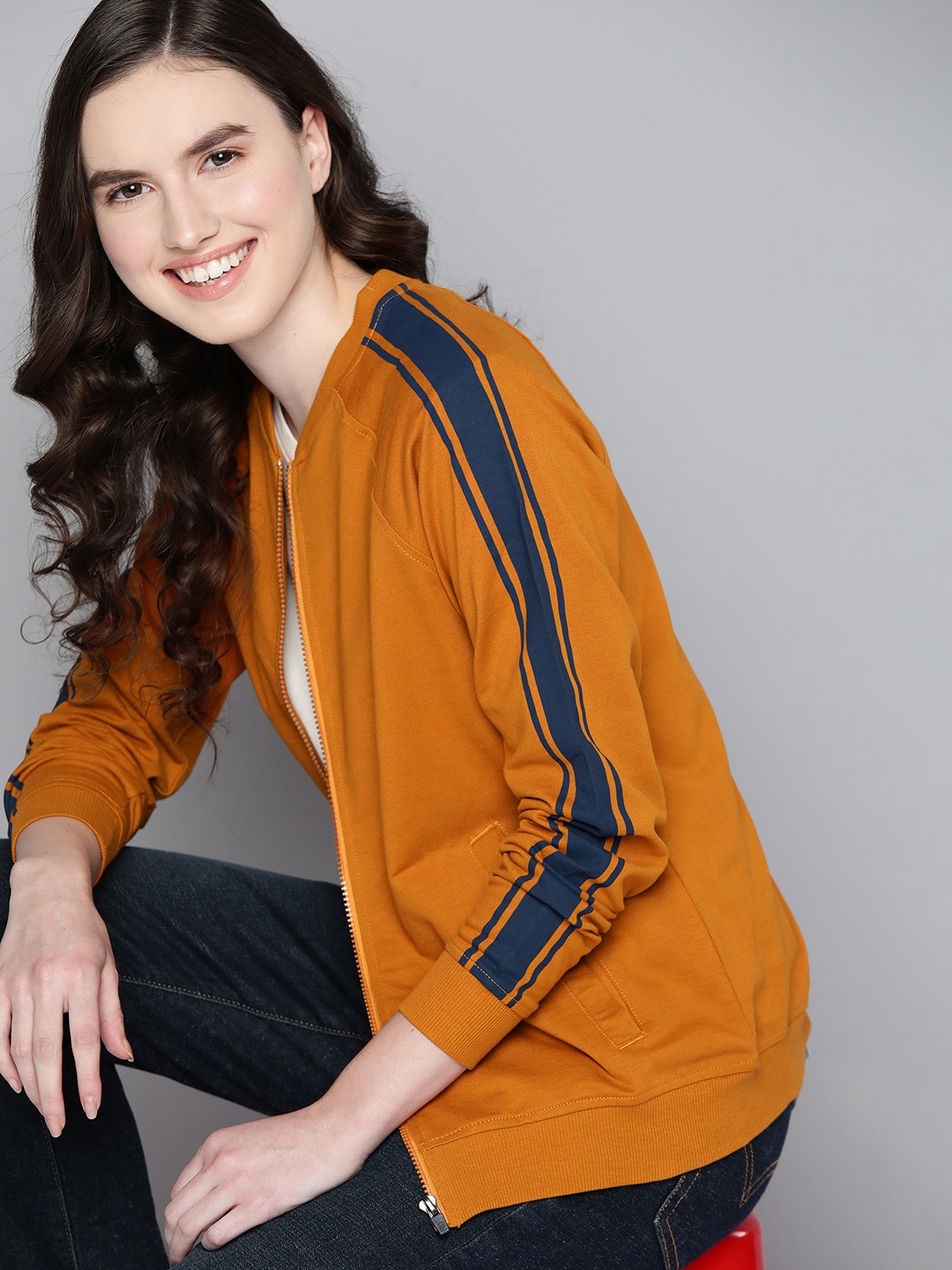 

Mast & Harbour Women Mustard Yellow & Navy Blue Open-Front Pure Cotton Sweatshirt