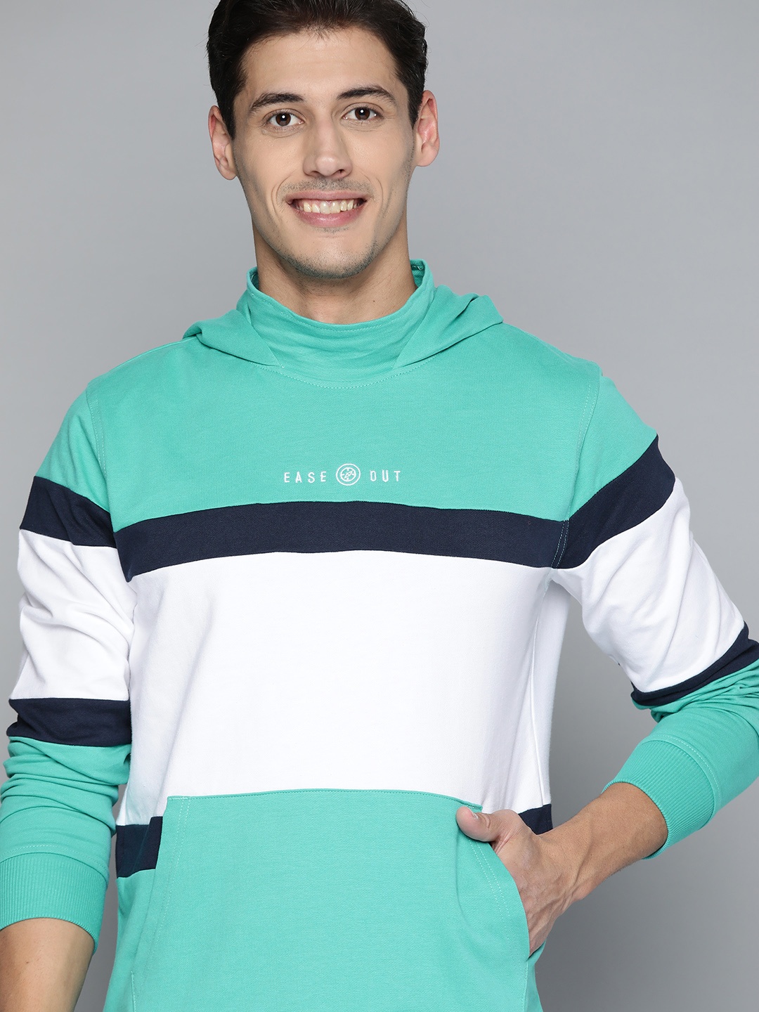 

Mast & Harbour Men Green & White Pure Cotton Colourblocked Hooded Sweatshirt