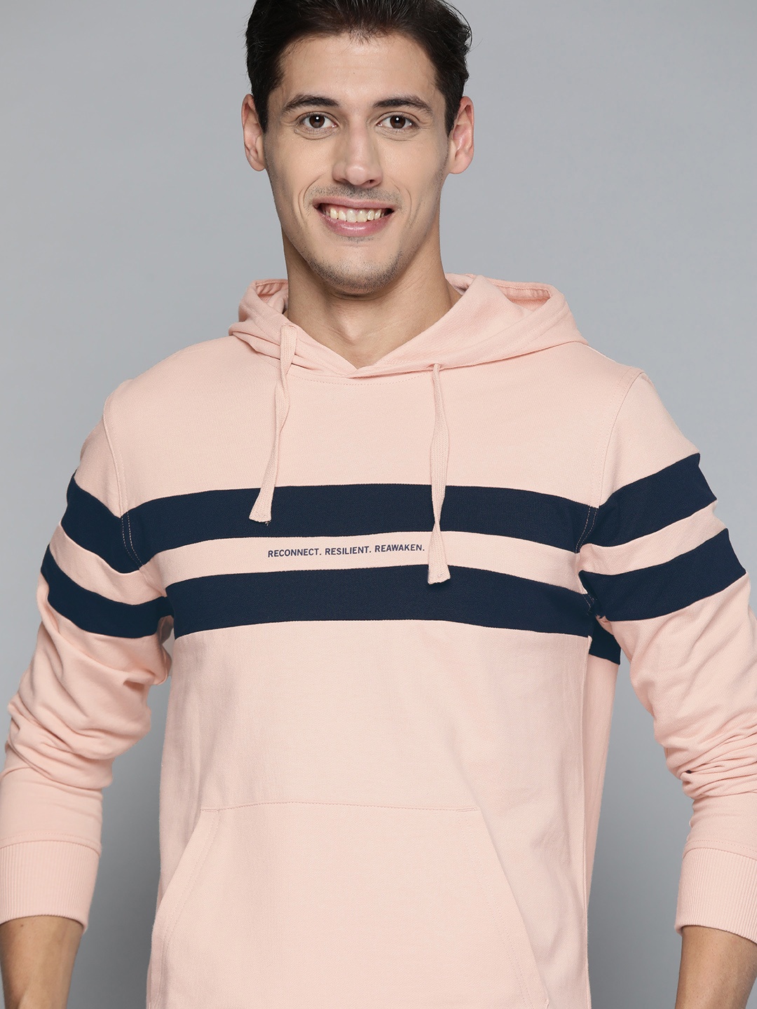 

Mast & Harbour Men Peach-Coloured Pure Cotton Striped Hooded Sweatshirt
