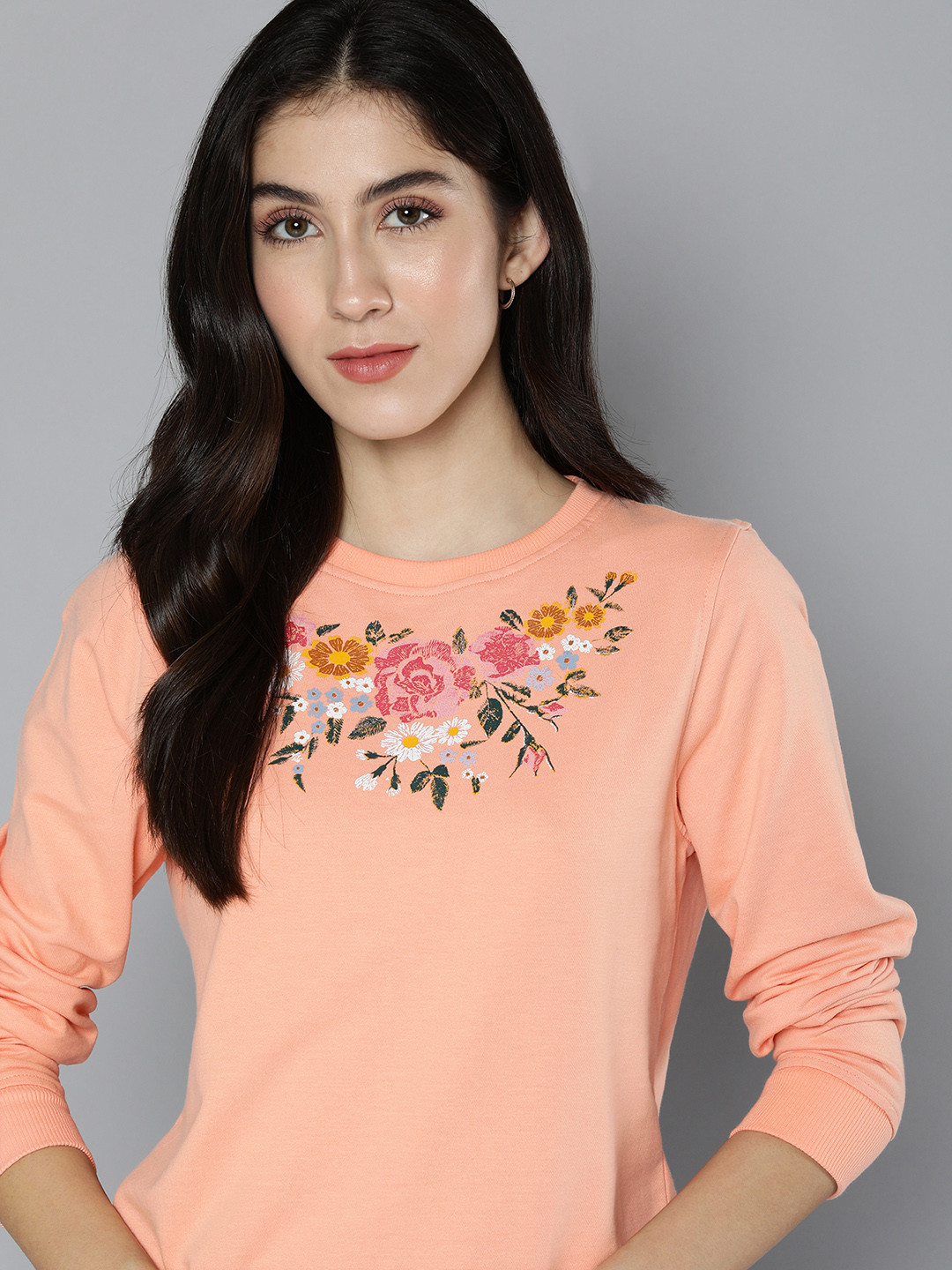 

Mast & Harbour Women Floral Printed Pure Cotton Sweatshirt, Peach