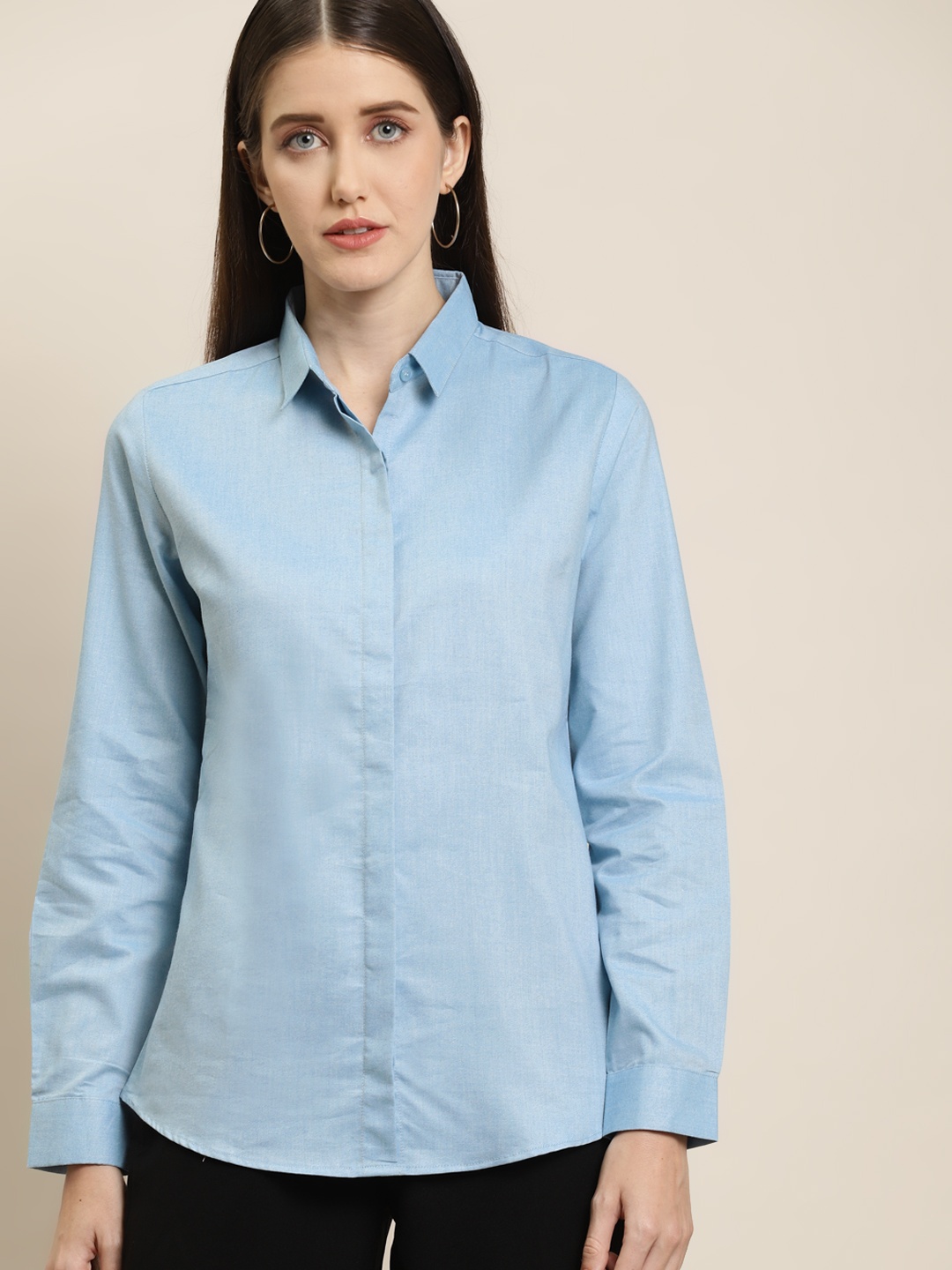 

Hancock Women Turquoise Blue Solid Oxford Slim Fit Formal Shirt