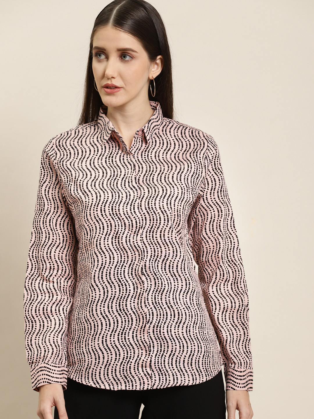 

Hancock Women Pink Slim Fit Polka Dots Printed Pure Cotton Formal Shirt