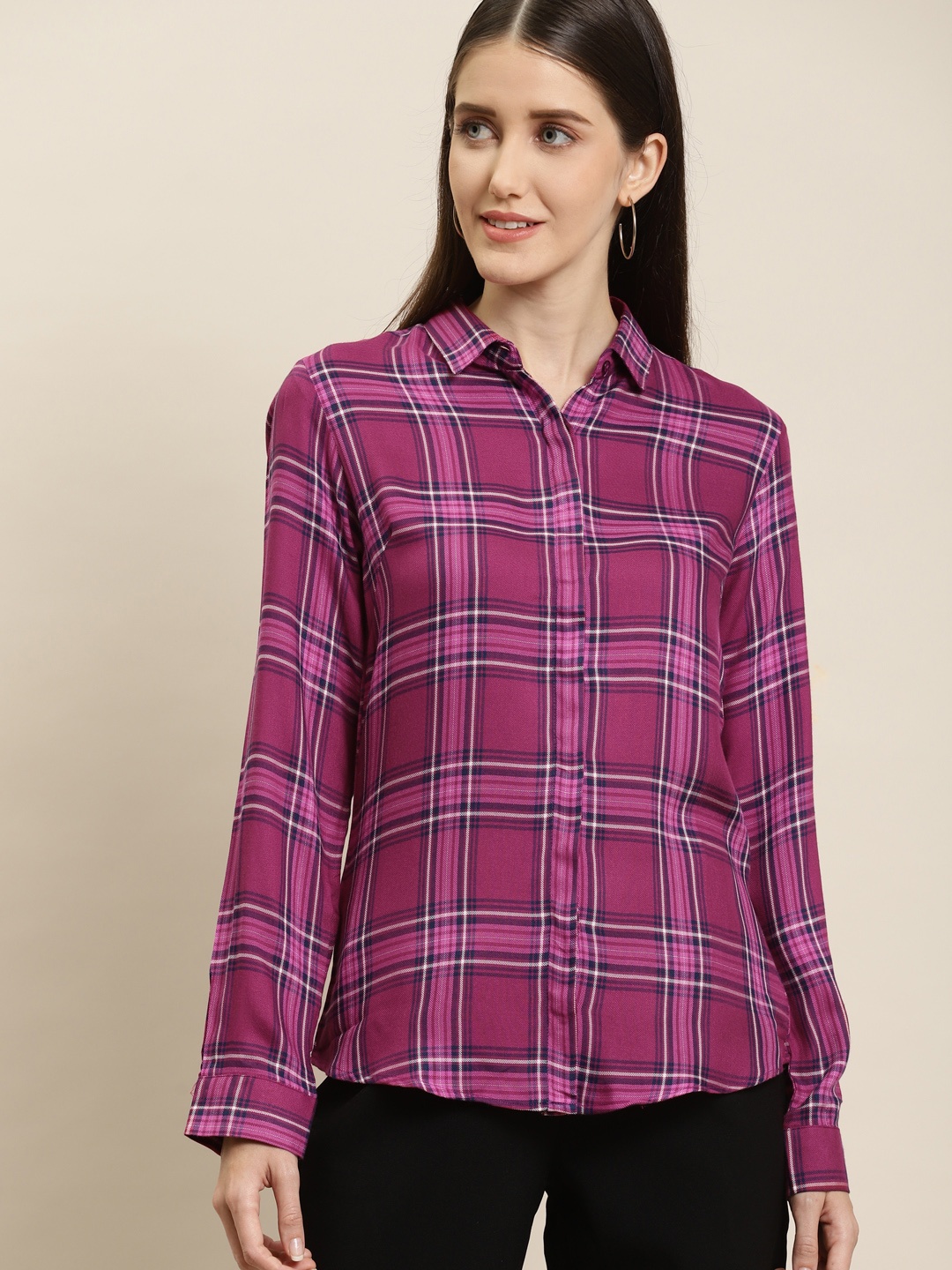 

Hancock Women Magenta Tartan Checked Slim Fit Formal Shirt
