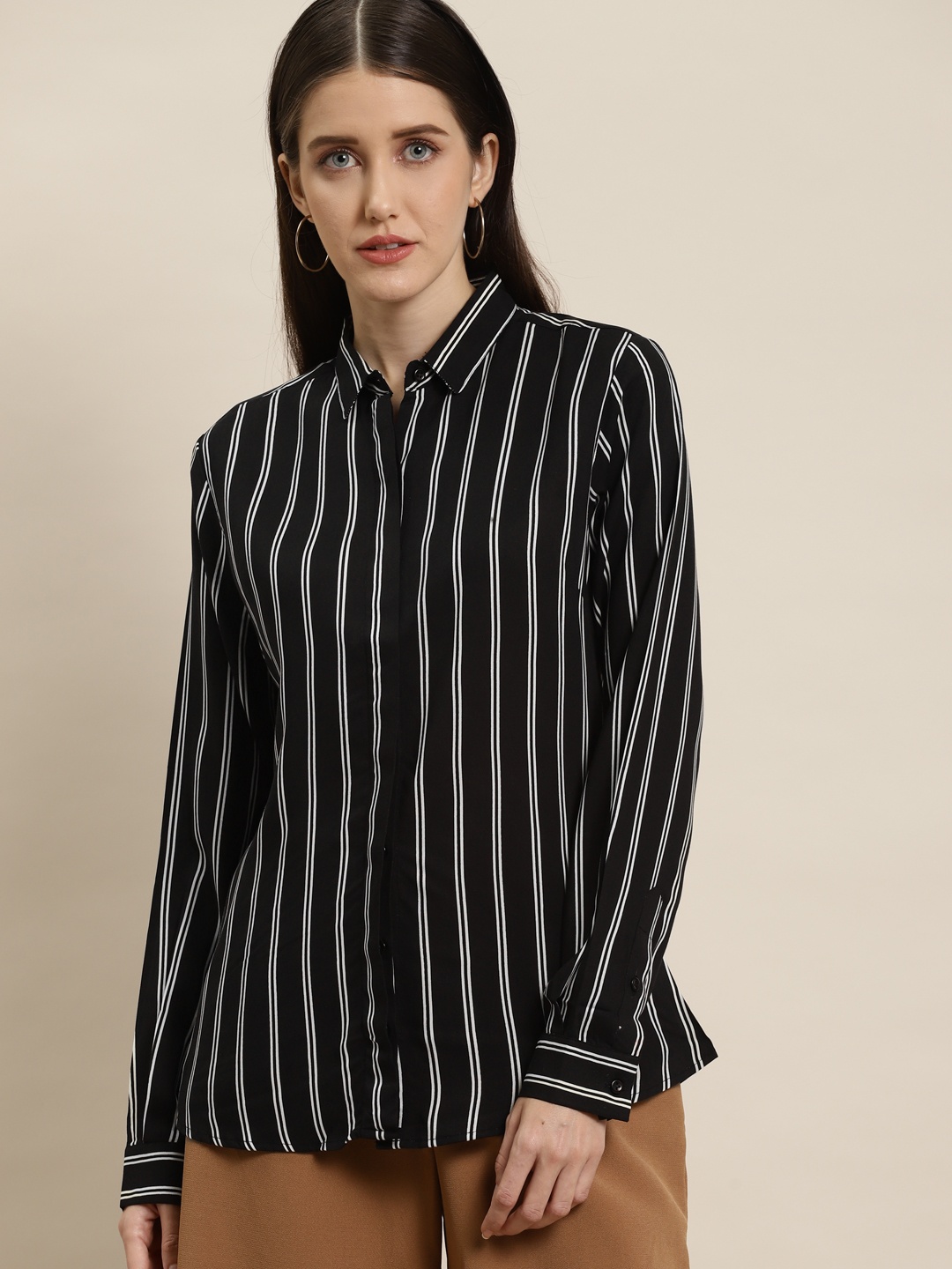 

Hancock Women Black Slim Fit Opaque Striped Formal Shirt