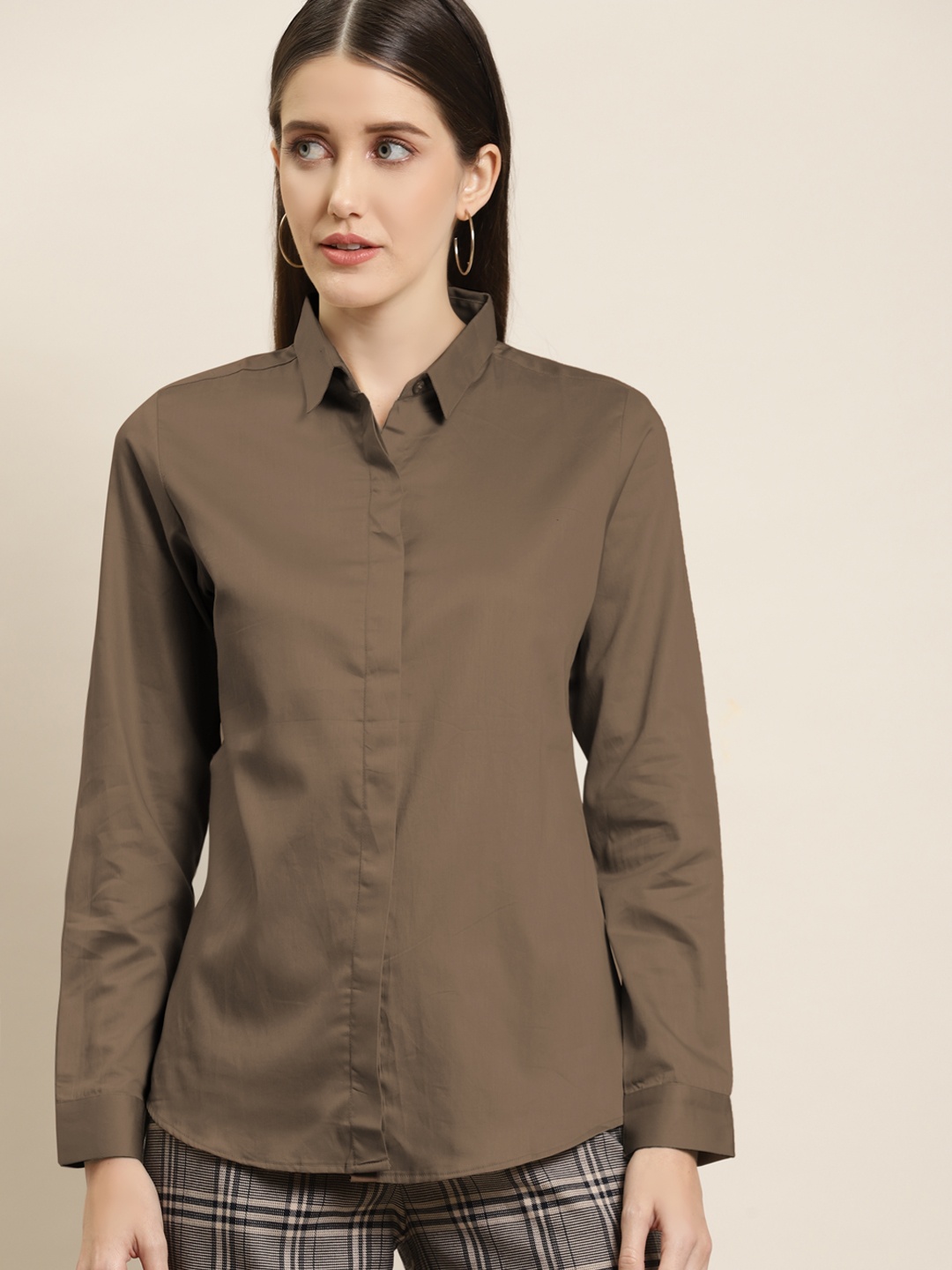 

Hancock Women Brown Solid Slim Fit Pure Cotton Satin Formal Shirt