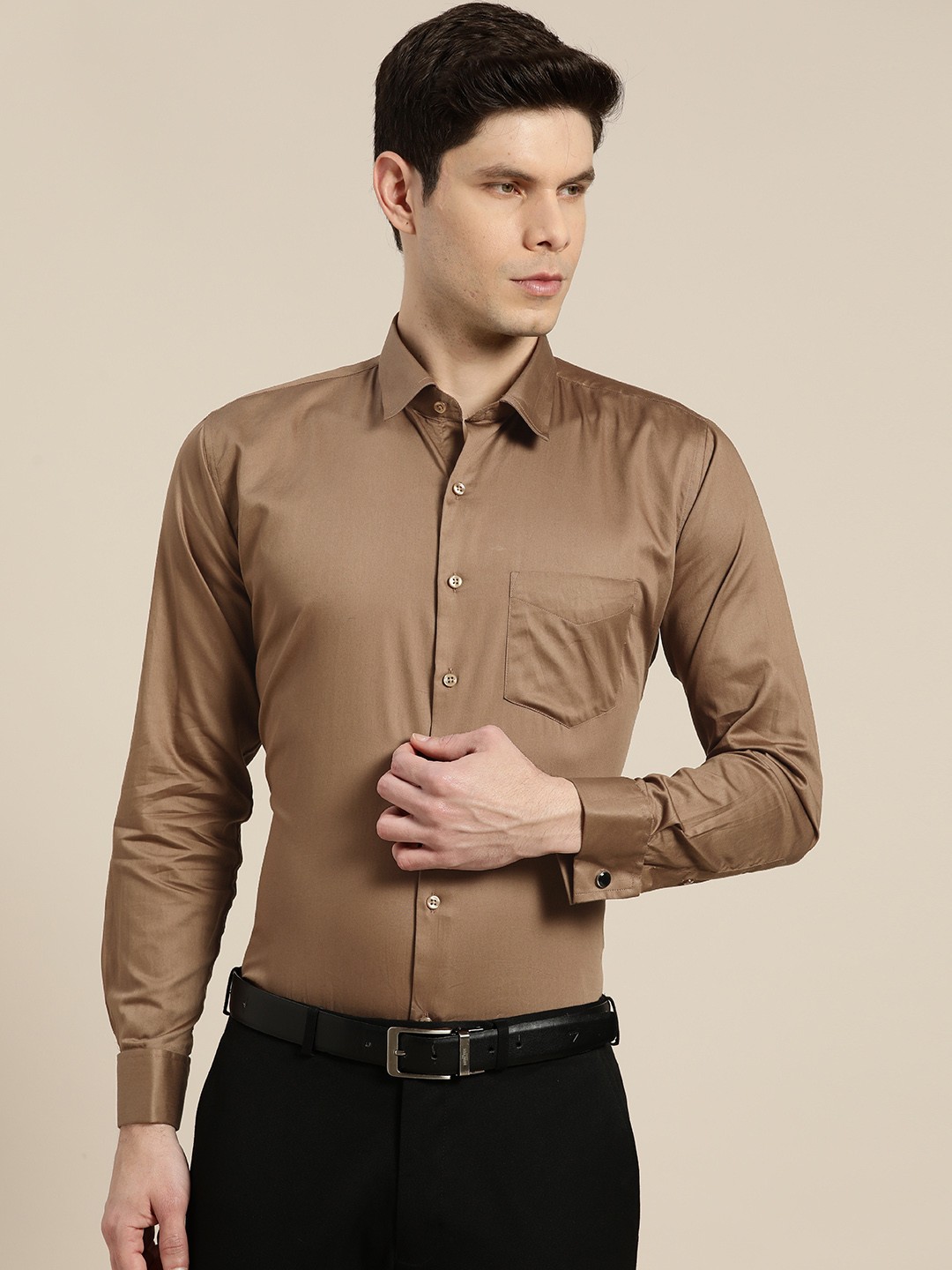 

Hancock Men Brown Solid French Cuff Satin Slim Fit Pure Cotton Formal Shirt