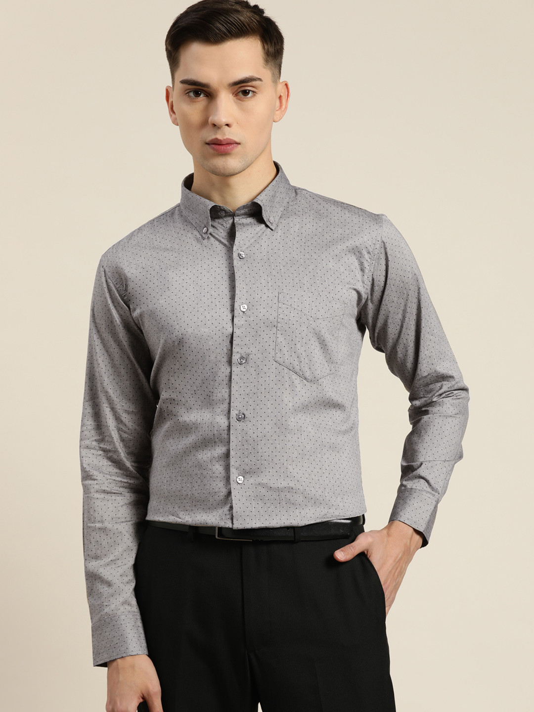 

Hancock Men Grey Slim Fit Printed Formal Shirt