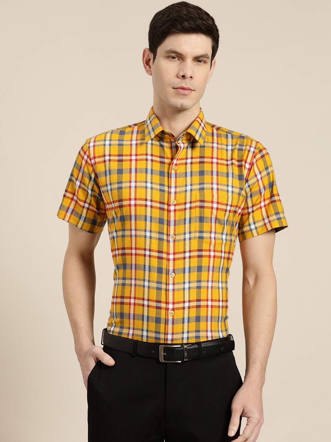 

Hancock Men Yellow Slim Fit Windowpane Checks Opaque Checked Formal Shirt