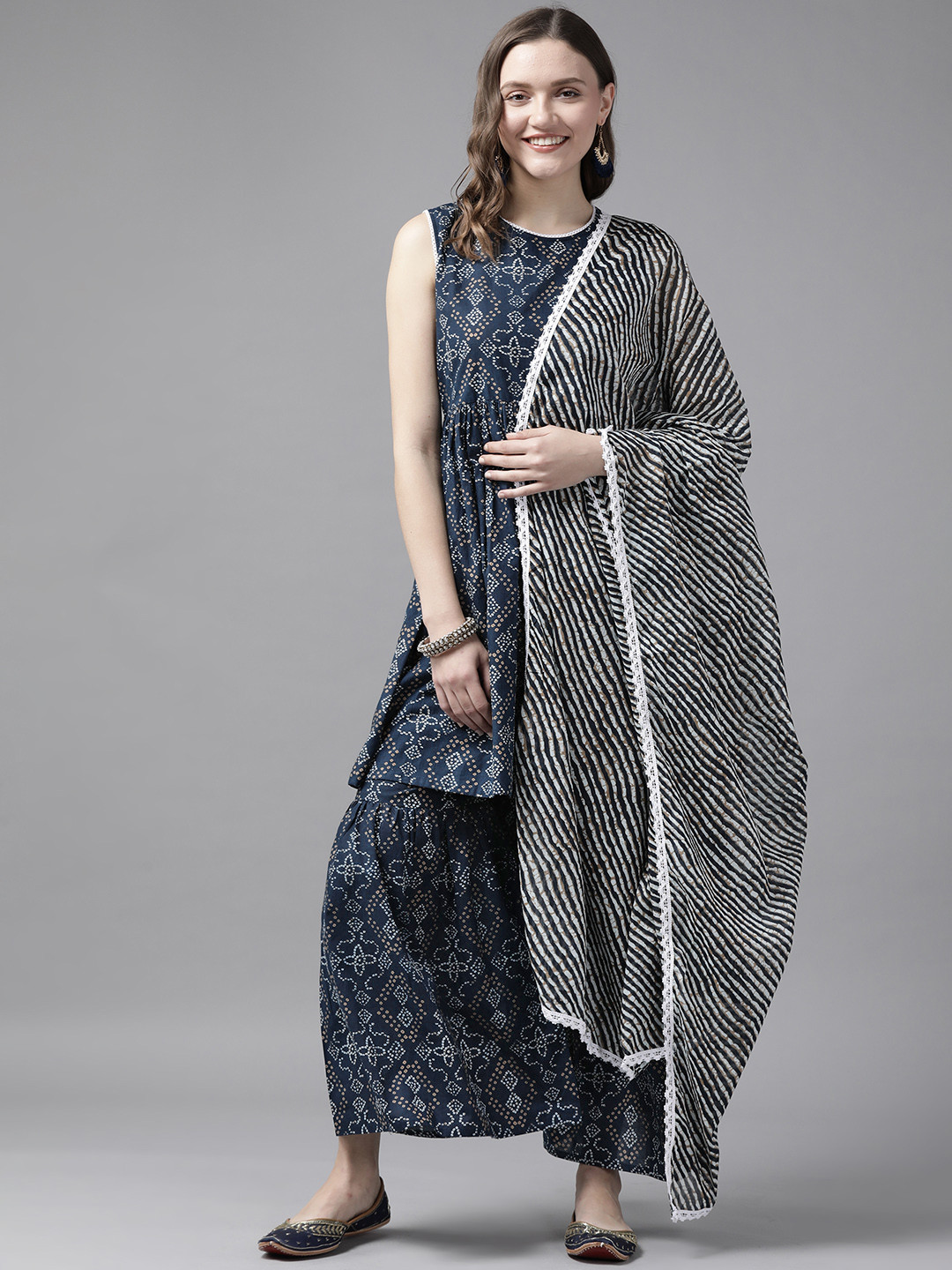 

Yufta Women Navy Blue & White Bandhani Print Pure Cotton Kurta with Sharara & Dupatta