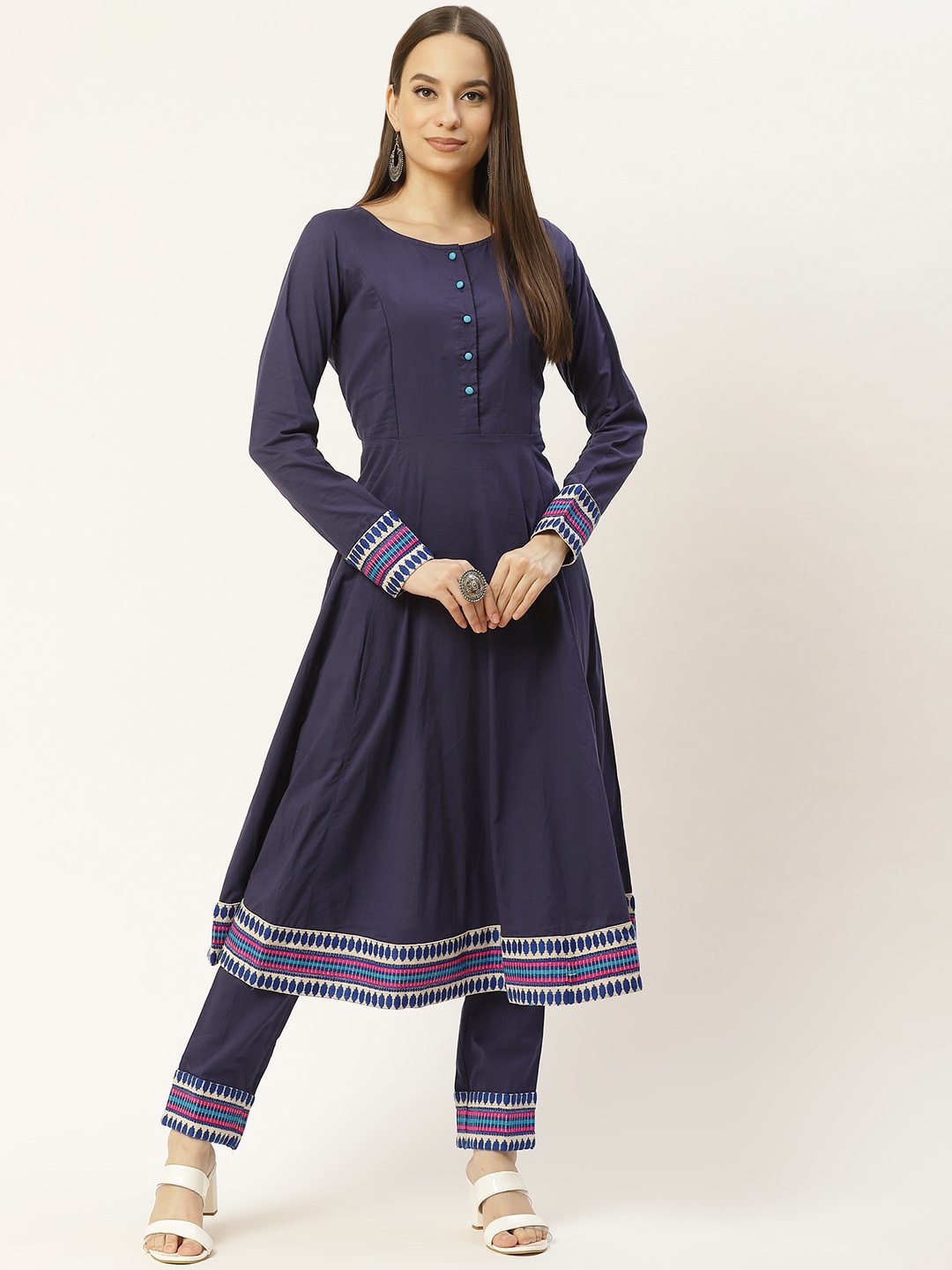 

Aayna Women Navy Blue Thread Work Pure Cotton Anarkali Kurta with Trousers