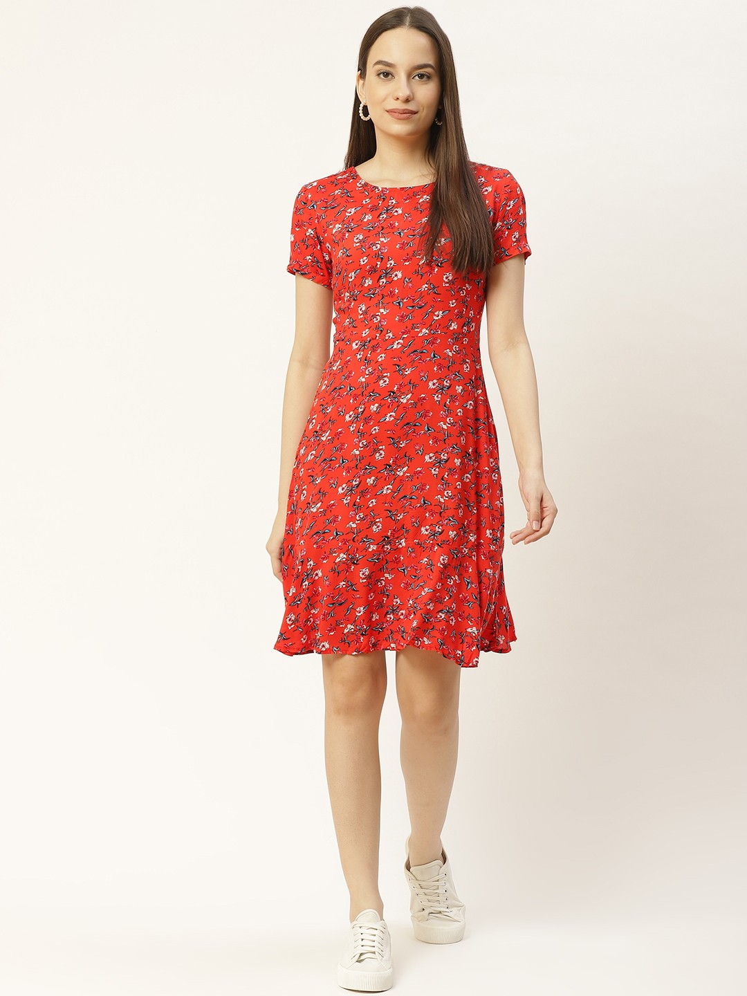 

Aayna Rust Floral Skater A-Line Dress
