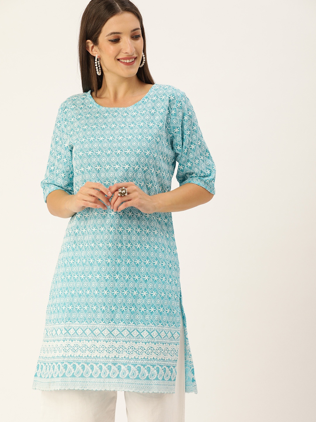 

SWAGG INDIA Blue Ethnic Motifs Embroidered Chikankari Kurti